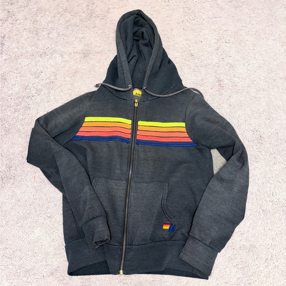 Aviator Nation 5 Stripe Gray Zip Up Sweatshirt